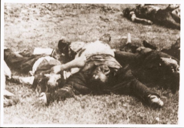 bodies of Jews removed from the Iasi death train during a stop on the journey, lie beside the tracks
